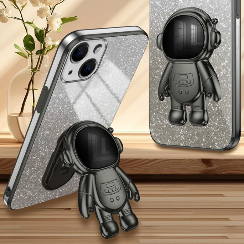For iPhone 14 Plus Case PC+TPU Phone Cover Back Shell with Astronaut Kickstand - Black