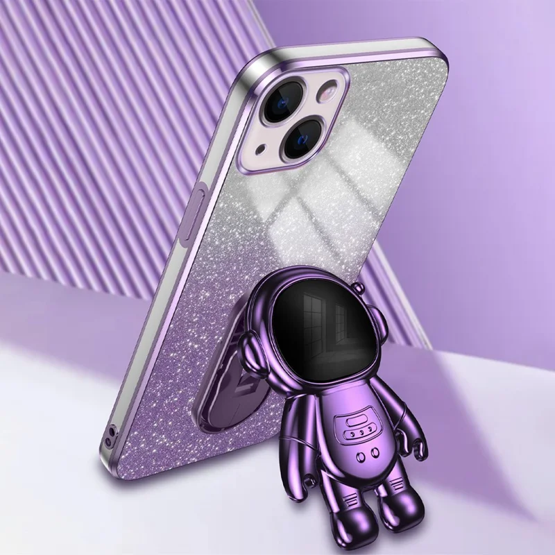 For iPhone 14 Plus Case PC+TPU Phone Cover Back Shell with Astronaut Kickstand - Purple