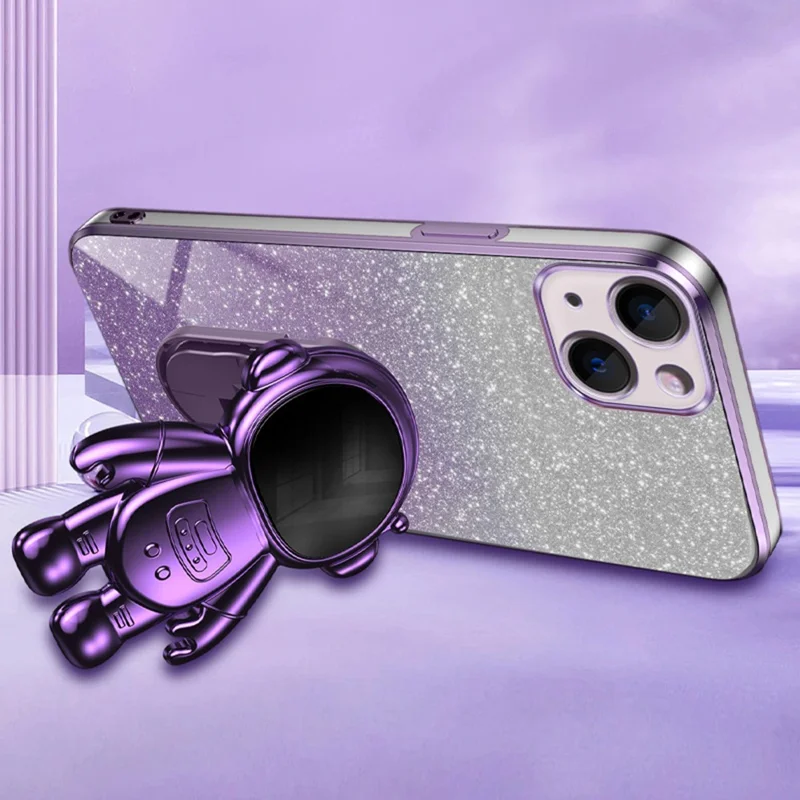 For iPhone 14 Plus Case PC+TPU Phone Cover Back Shell with Astronaut Kickstand - Purple