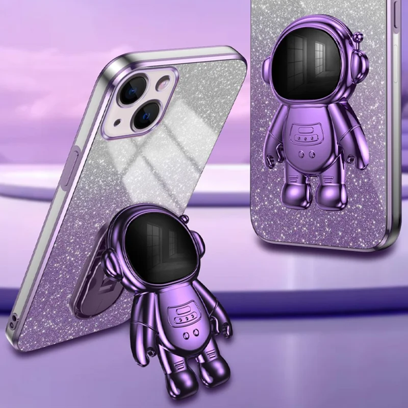 For iPhone 14 Plus Case PC+TPU Phone Cover Back Shell with Astronaut Kickstand - Purple