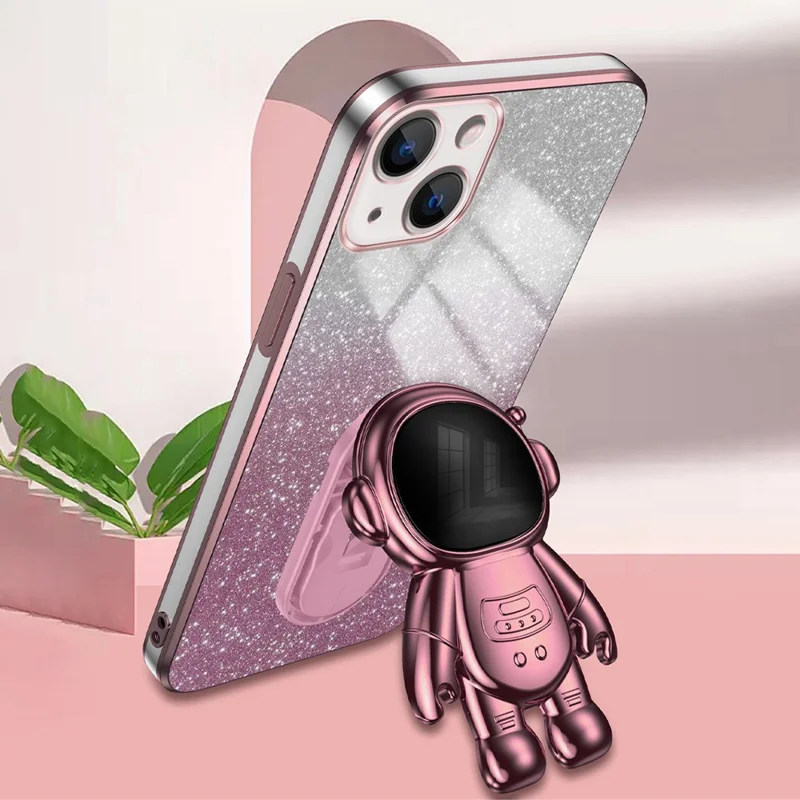 For iPhone 15 Case Slim-Fit Phone Cover Astronaut Kickstand PC+TPU Shell - Pink