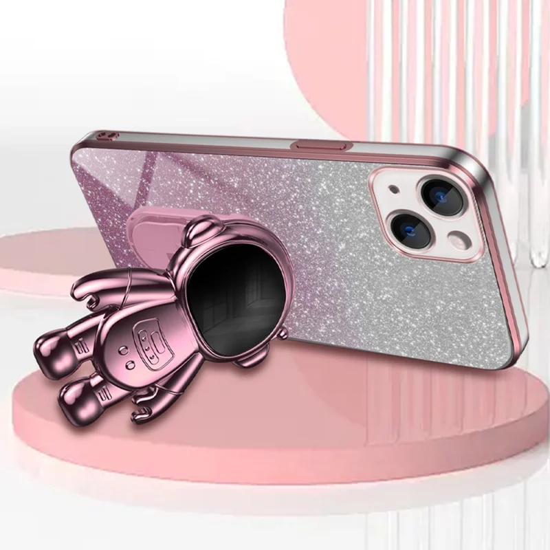 For iPhone 15 Case Slim-Fit Phone Cover Astronaut Kickstand PC+TPU Shell - Pink