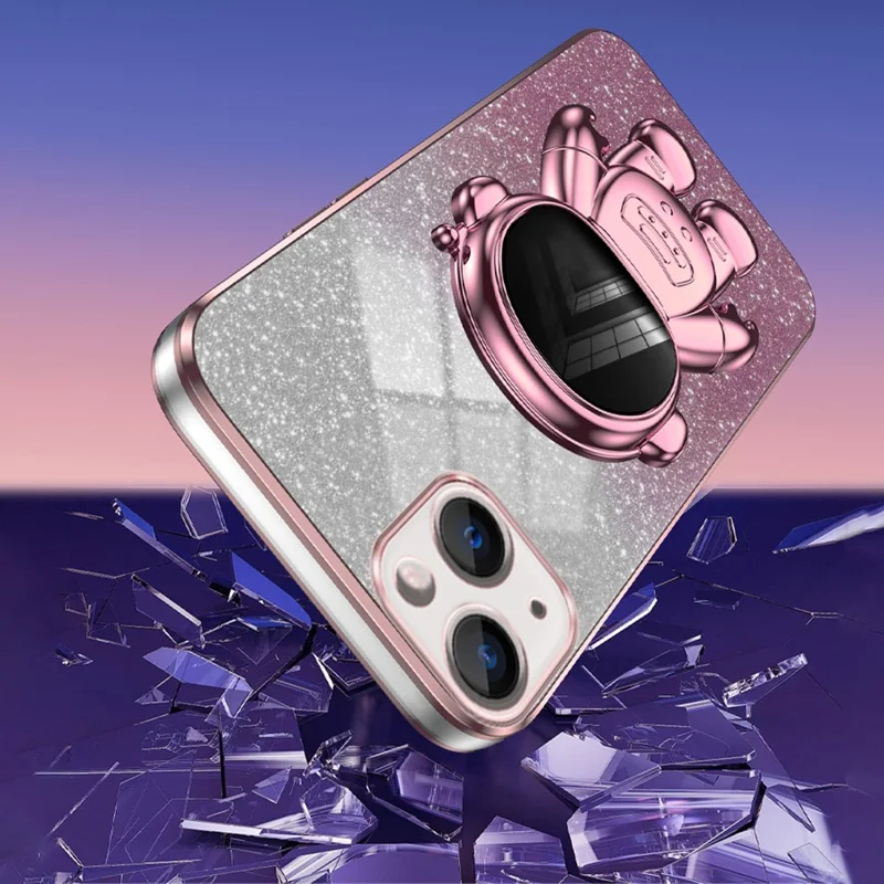 For iPhone 15 Case Slim-Fit Phone Cover Astronaut Kickstand PC+TPU Shell - Pink