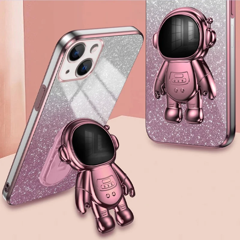 For iPhone 15 Case Slim-Fit Phone Cover Astronaut Kickstand PC+TPU Shell - Pink