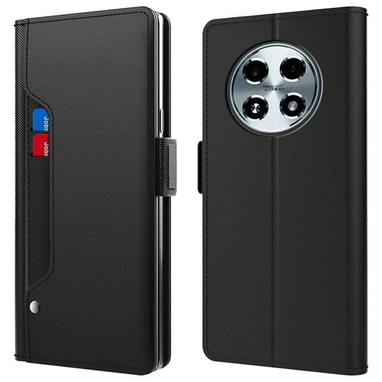 Für Oppo A2 Pro 5G Handyhüllen Kartenfach PU-Leder Ständer Cover mit Spiegel - Schwarz