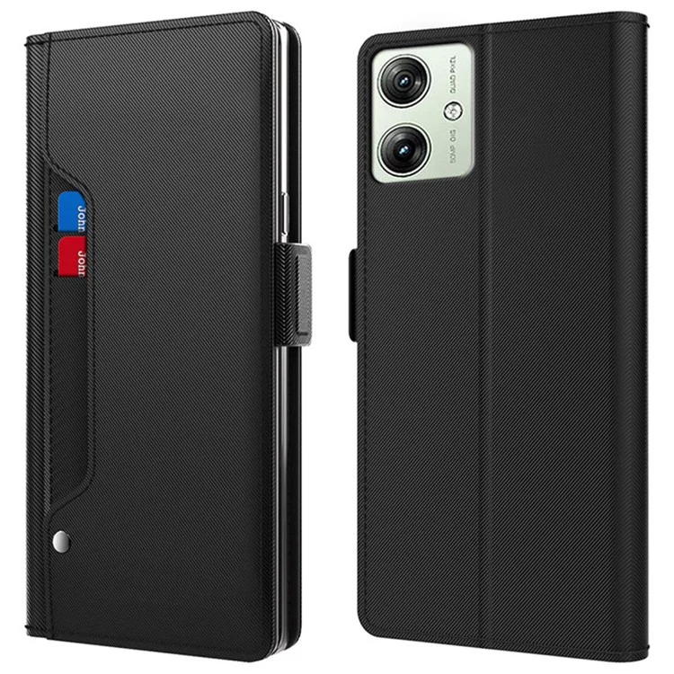 For Motorola Moto G54 5G Cell Phone Cases Card Slot Support Stand Leather Cover with Mirror - Black