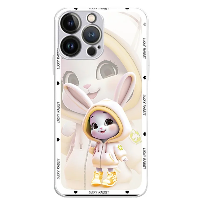 For iPhone 15 Pro Max Cell Phone Cases Cute Rabbit Printed Built-in Lens Film Anti-drop Cover - Silver