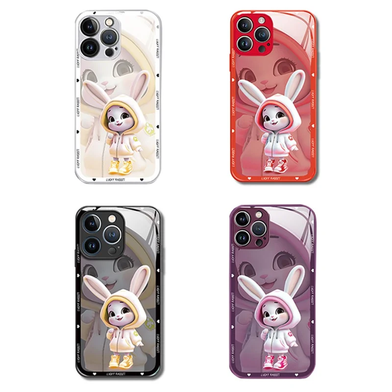 For iPhone 15 Pro Max Cell Phone Cases Cute Rabbit Printed Built-in Lens Film Anti-drop Cover - Silver