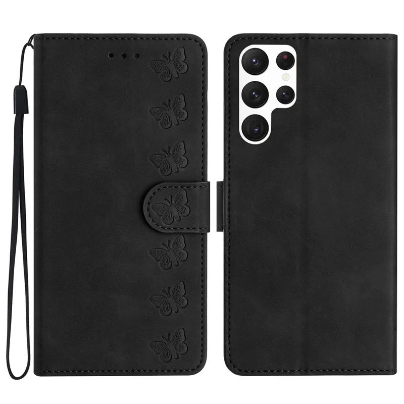 Для Samsung Galaxy S24 Ultra Case PU Кожаный Бумажник Имприминг Бабочка Стенд Чехол для телефона - Черный