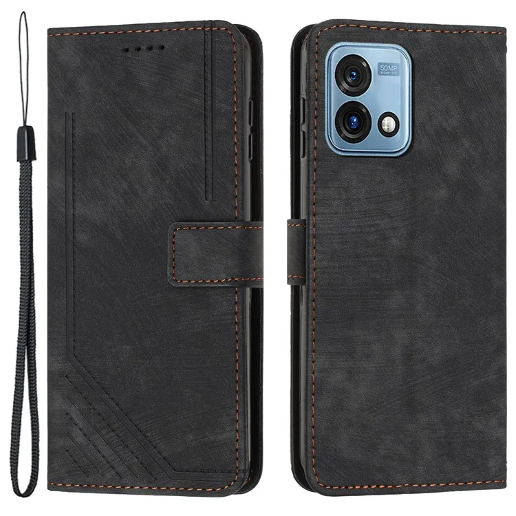 For Motorola Moto G Stylus (2023) Case Imprinted Lines Skin-touch Wallet PU Leather Shell Stand Cover - Black