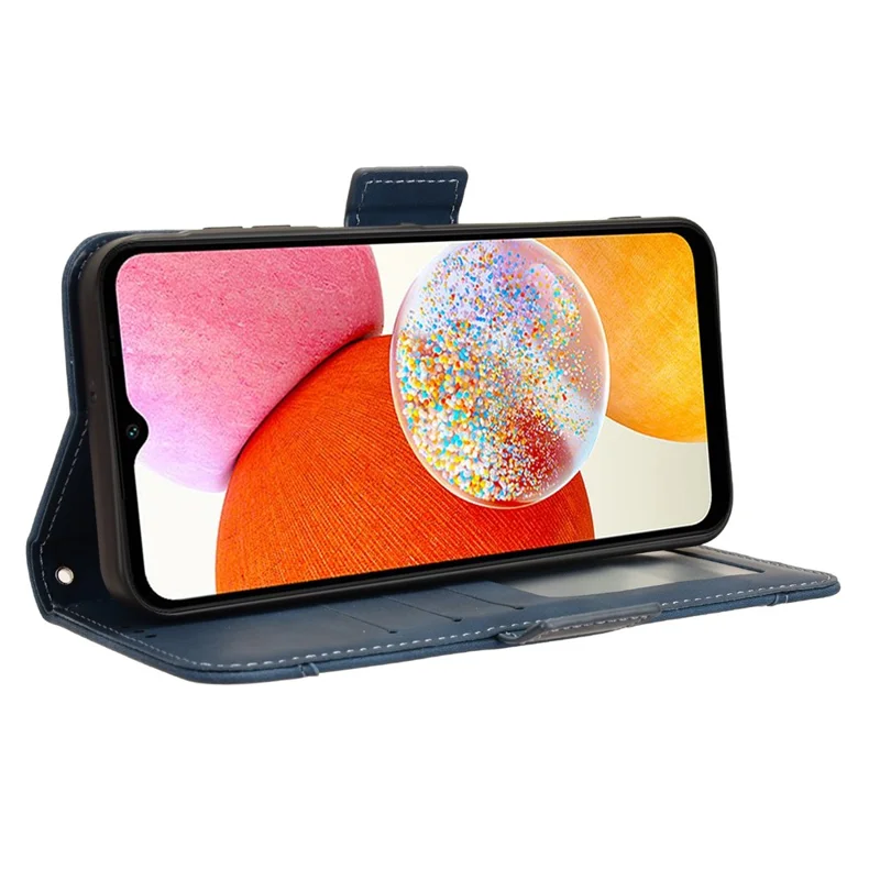 Futerał na Samsung Galaxy A15 5G z uchwytem na wiele kart i podstawką, skórzana obudowa na telefon - niebieska