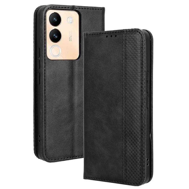 Para vivo V29e (Global) 5G / Y200 (Índia) 5G Capa Retro Capa de telefone com suporte de carteira - Preto