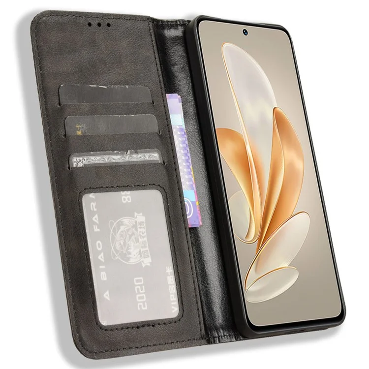 Para vivo V29e (Global) 5G / Y200 (Índia) 5G Capa Retro Capa de telefone com suporte de carteira - Preto