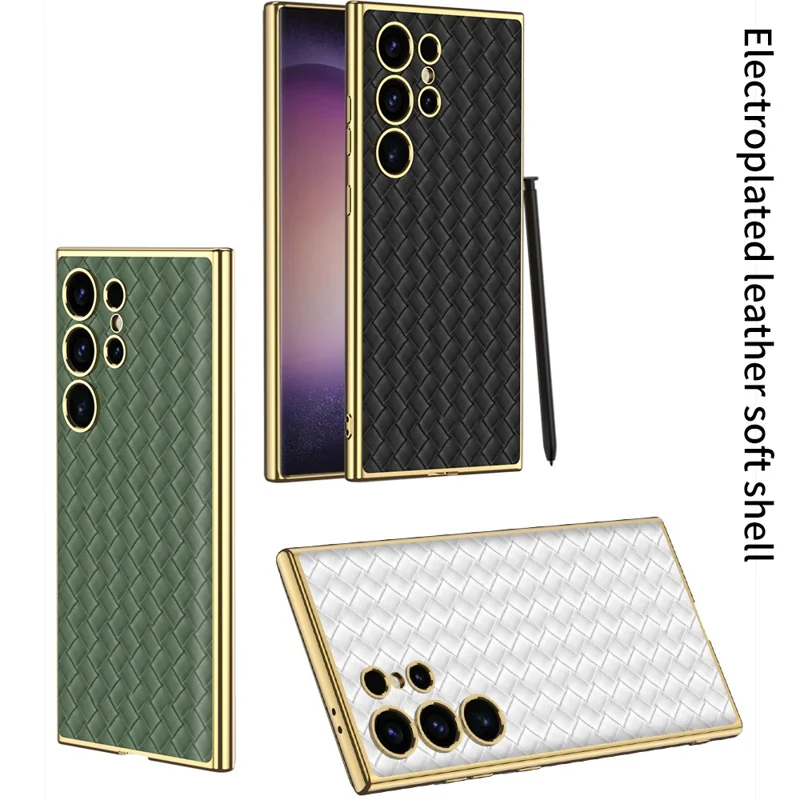 GKK For Samsung Galaxy S24 Ultra Electroplating PU Leather+TPU+PC Woven Texture Cell Phone Cases - Black