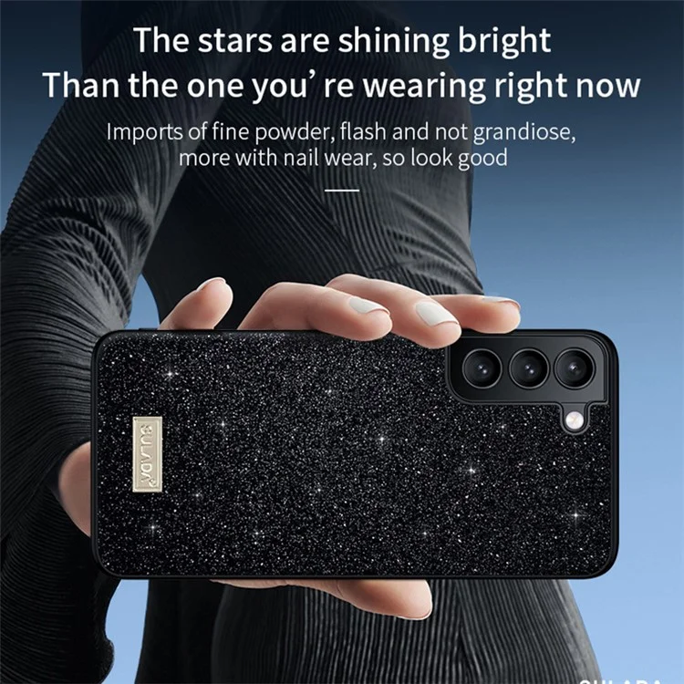 Sulada Per Samsung Galaxy S24 Ultra PU Leather+PC+TPU Case di Cellulare Copertina di Paillettes Glitter - Nero