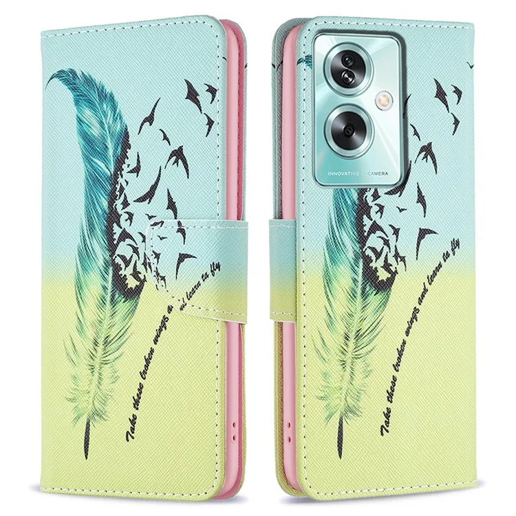 Pour Oppo A79 5G / A2 5G Étui de téléphone en cuir avec impression de motifs, housse portefeuille à rabat - Plumes et oiseaux