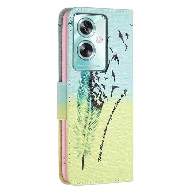 Pour Oppo A79 5G / A2 5G Étui de téléphone en cuir avec impression de motifs, housse portefeuille à rabat - Plumes et oiseaux