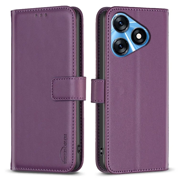 BINFEN COLOR BF17 For TECNO Spark 10 4G Wallet Case PU Leather Stand Phone Cover - Dark Purple