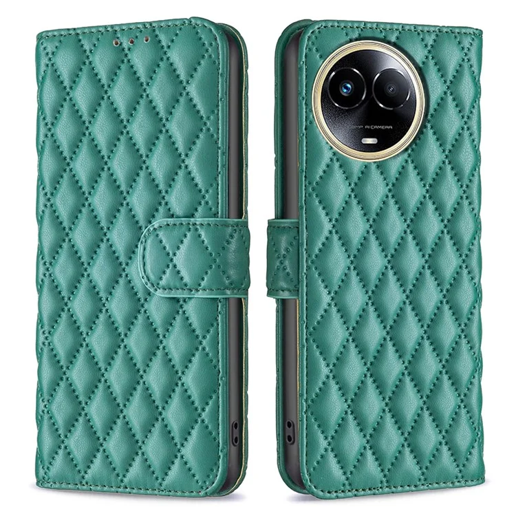 BINFEN COLOR BF Style-14 pour Realme 11 5G (Global) Étui de téléphone Imprint Classic Grid Leather Cover - Vert