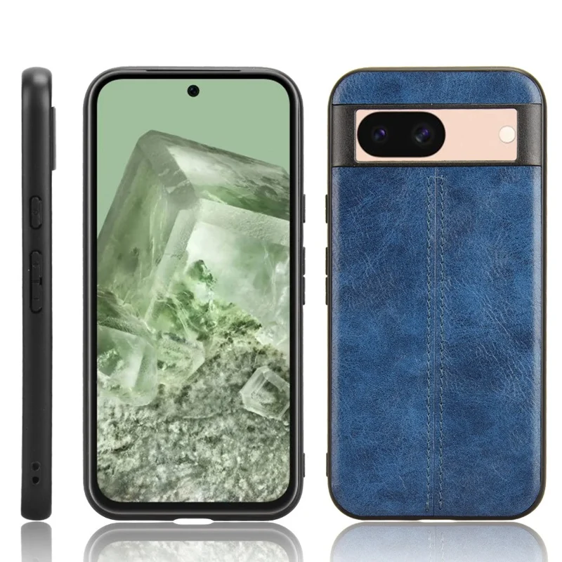 For Google Pixel 8a Cowhide Texture Back Cover PU Leather Coated TPU+PC Cell Phone Case - Blue