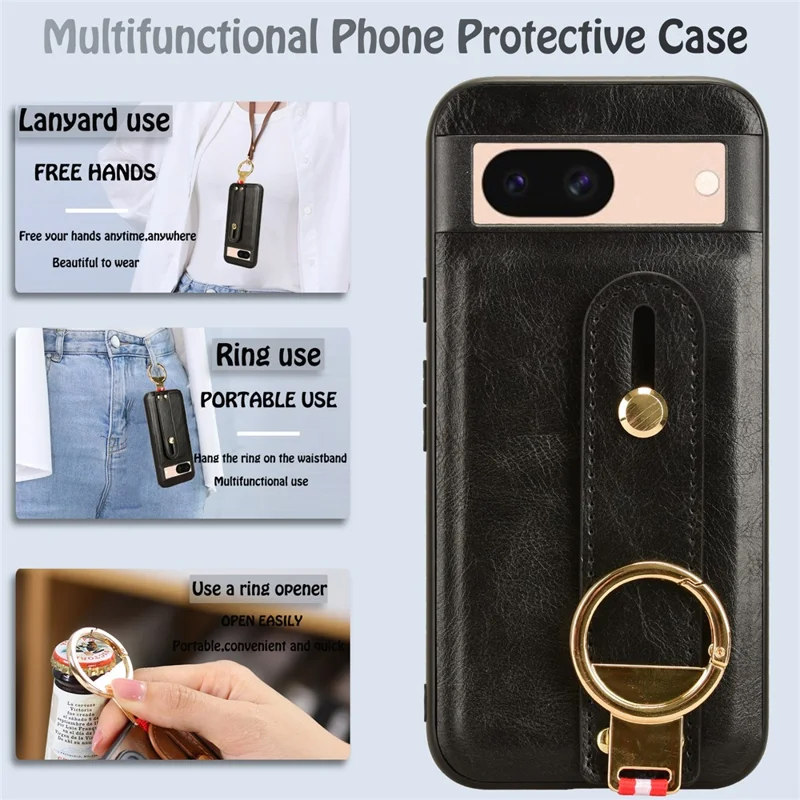 Für Google Pixel 8a Handyhülle Anti-Kratzer PU-Leder+PC+TPU Armband Cover - Schwarz