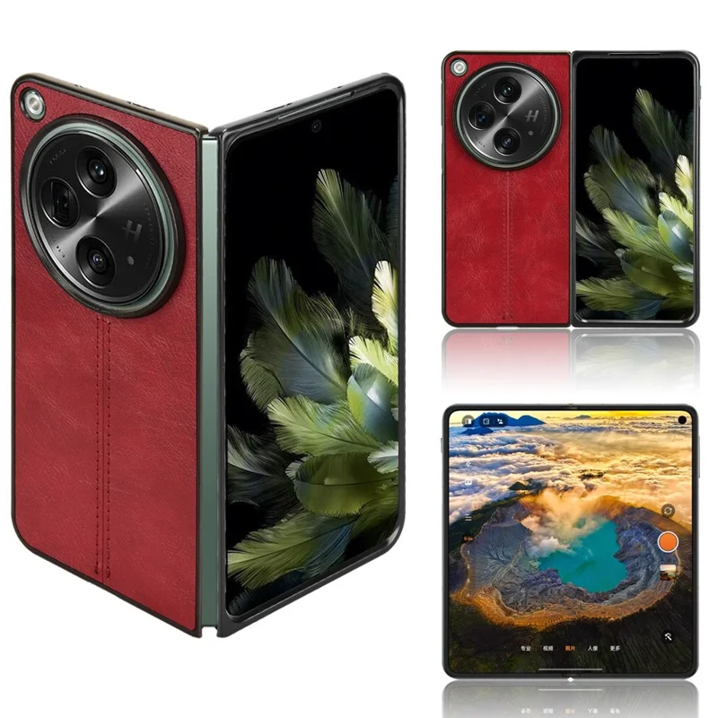 For OnePlus Open Case Shockproof Cowhide Texture PU+PC Phone Cover - Red