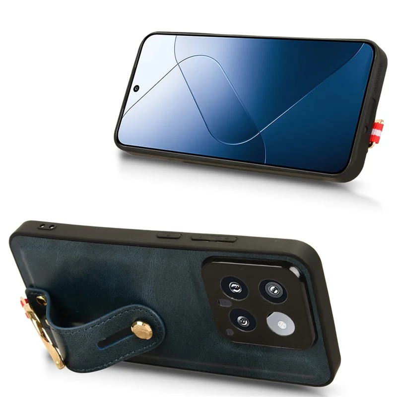 Cell Phone Case for Xiaomi 14 Anti-scratch PU Leather+PC+TPU Wristband Cover - Blue