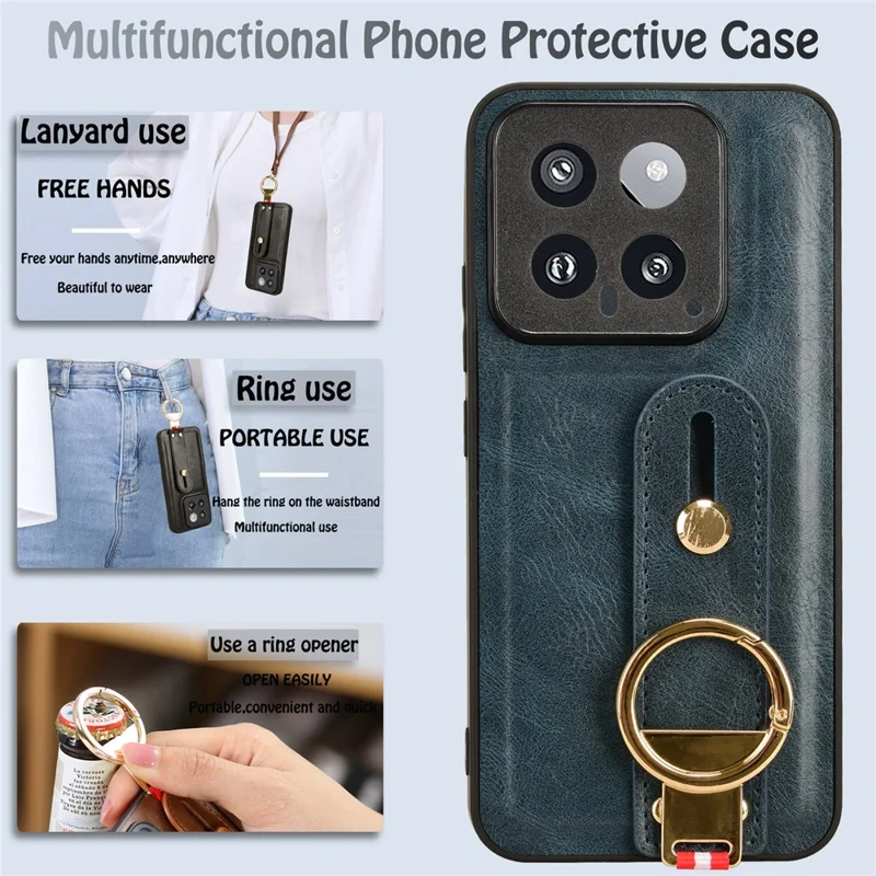 Cell Phone Case for Xiaomi 14 Anti-scratch PU Leather+PC+TPU Wristband Cover - Blue