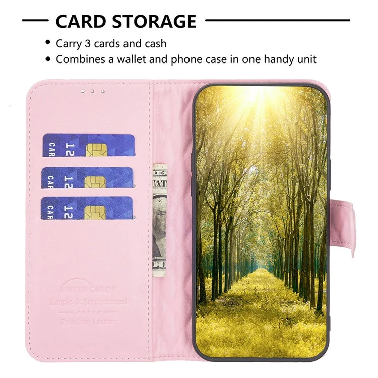 BINFEN COLOR BF Style-14 For Motorola Moto G Play (2024) 4G Case Leather Protective Cover with Wallet and Stand - Pink
