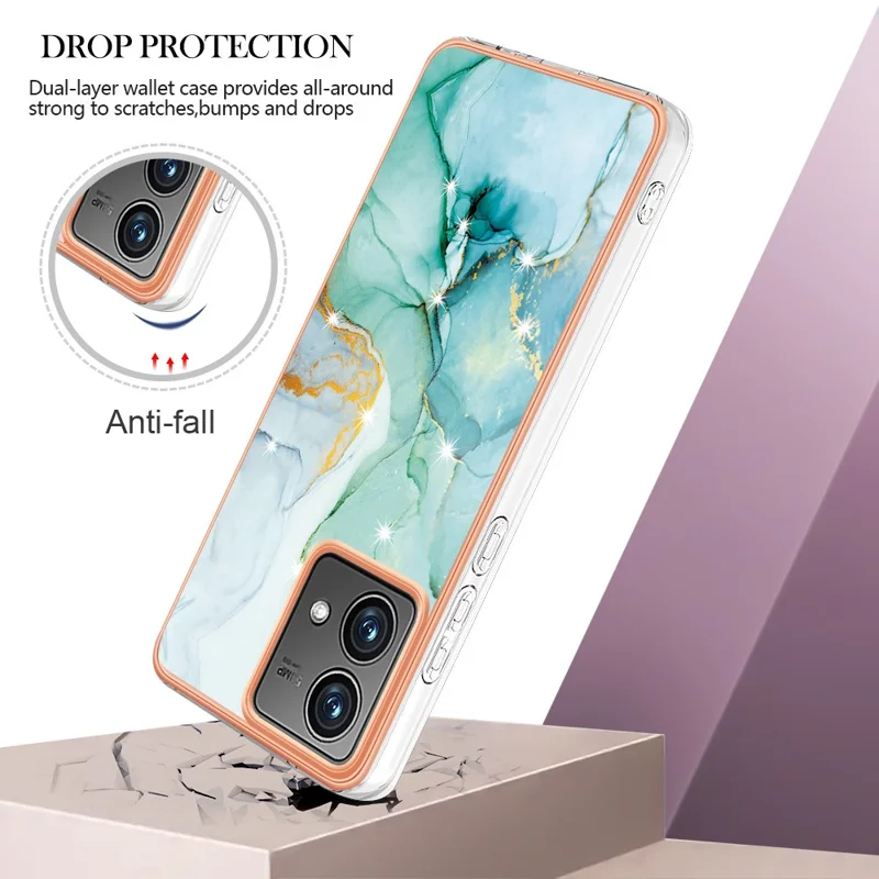 For Motorola Moto G84 5G TPU Case with IMD Marble Pattern Electroplated Back Cover - Green 003