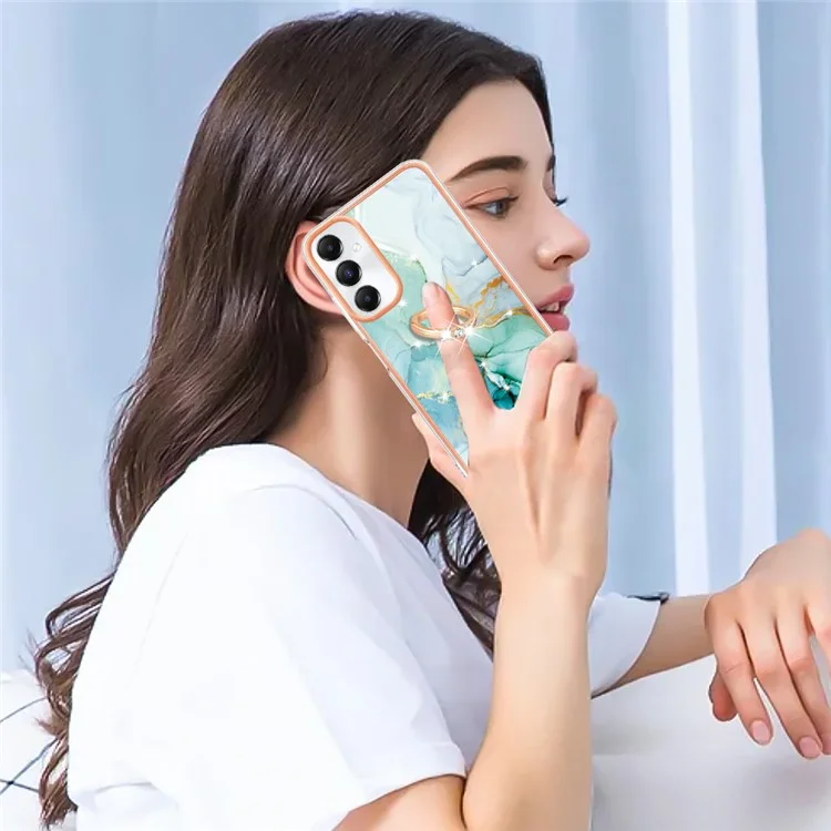 YB IMD Series-10 Für Samsung Galaxy A05s 4G Cover IMD Marmor TPU Ring Kickstand Handyhülle - Grün 003