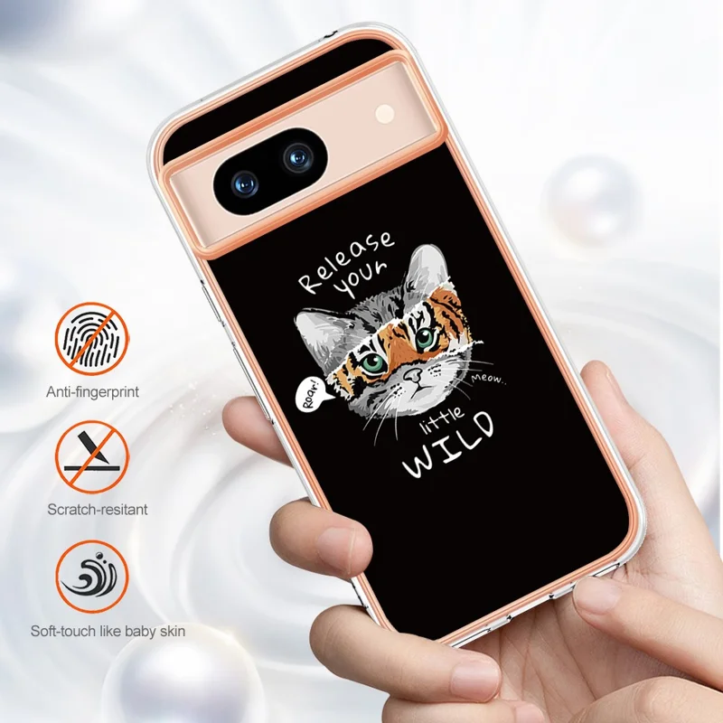 YB IMD Series-19 Style-D For Google Pixel 8a Electroplated Case 2.0mm TPU Anti-Scratch Phone Cover - Cat / Tiger