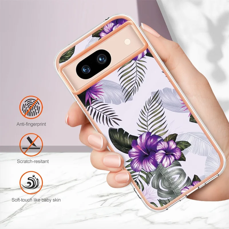 For Google Pixel 8a Case with IMD Marble Flower Pattern TPU Mobile Back Cover - Purple Flower