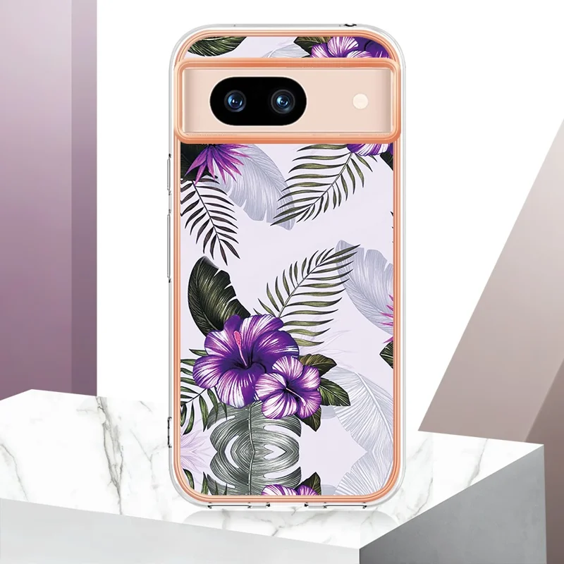 For Google Pixel 8a Case with IMD Marble Flower Pattern TPU Mobile Back Cover - Purple Flower