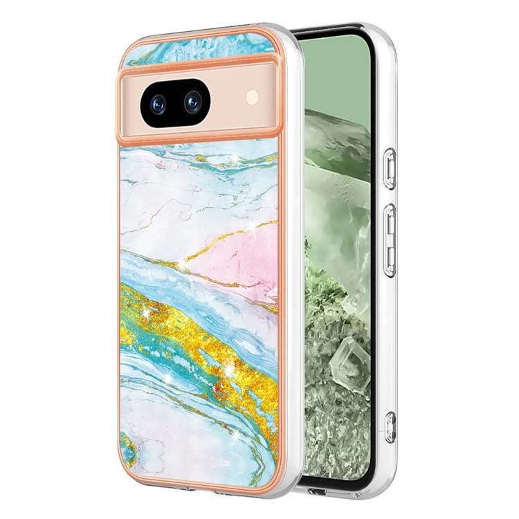 For Google Pixel 8a TPU Case with IMD Marble Pattern Electroplated Back Cover - Green 004