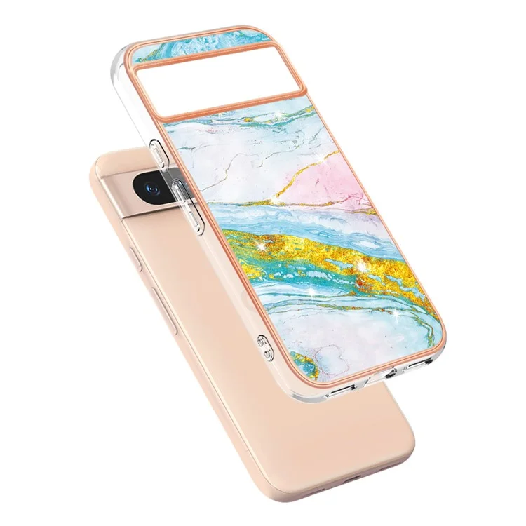For Google Pixel 8a TPU Case with IMD Marble Pattern Electroplated Back Cover - Green 004