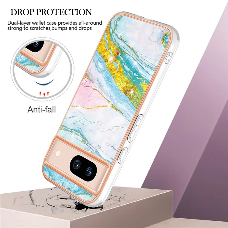 For Google Pixel 8a TPU Case with IMD Marble Pattern Electroplated Back Cover - Green 004