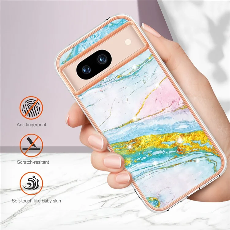 For Google Pixel 8a TPU Case with IMD Marble Pattern Electroplated Back Cover - Green 004