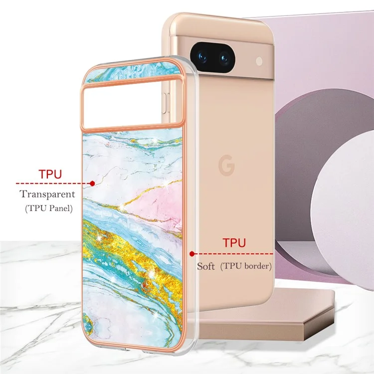 For Google Pixel 8a TPU Case with IMD Marble Pattern Electroplated Back Cover - Green 004