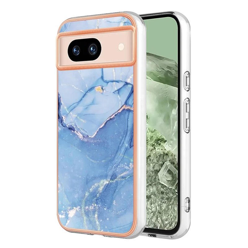 YB IMD Series-16 Style-E For Google Pixel 8a Marble Pattern Case 2.0mm TPU Electroplating Phone Cover - Blue