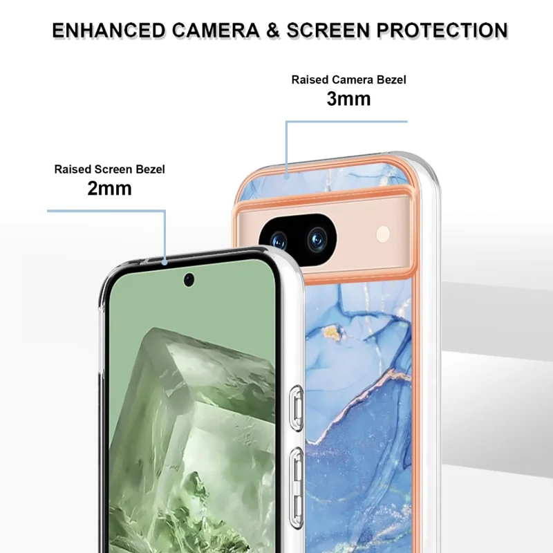 YB IMD Series-16 Style-E For Google Pixel 8a Marble Pattern Case 2.0mm TPU Electroplating Phone Cover - Blue