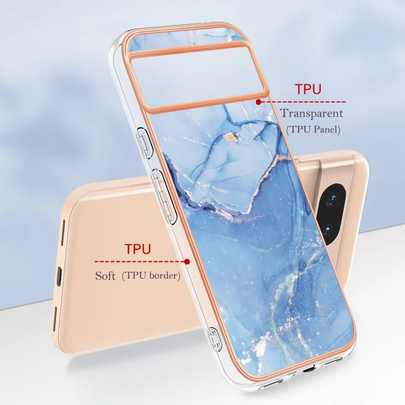 YB IMD Series-16 Style-E For Google Pixel 8a Marble Pattern Case 2.0mm TPU Electroplating Phone Cover - Blue