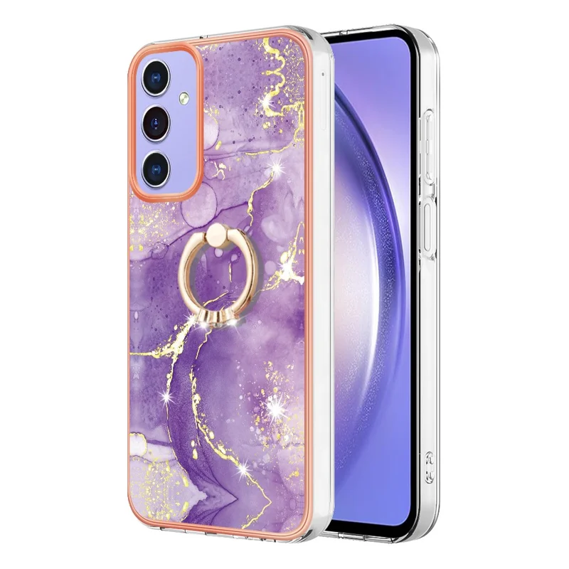 For Samsung Galaxy A15 5G Case with Ring Kickstand Marble Pattern Electroplating TPU Back Cover - Purple 002