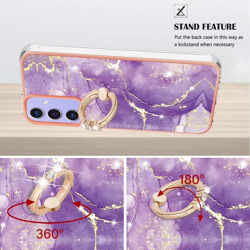 For Samsung Galaxy A15 5G Case with Ring Kickstand Marble Pattern Electroplating TPU Back Cover - Purple 002