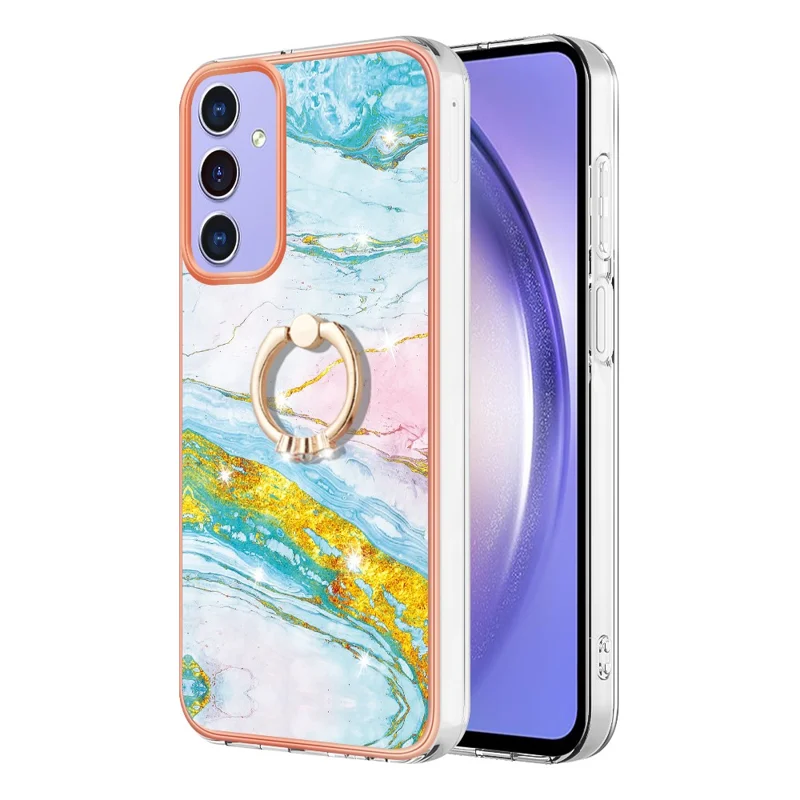 For Samsung Galaxy A15 5G Case with Ring Kickstand Marble Pattern Electroplating TPU Back Cover - Green 004