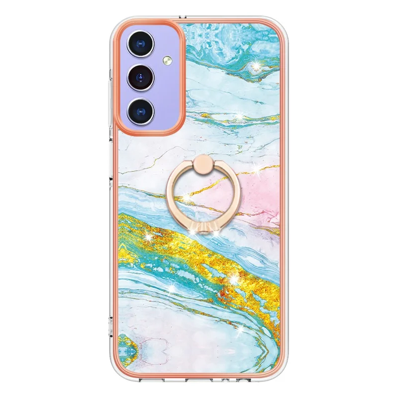 For Samsung Galaxy A15 5G Case with Ring Kickstand Marble Pattern Electroplating TPU Back Cover - Green 004