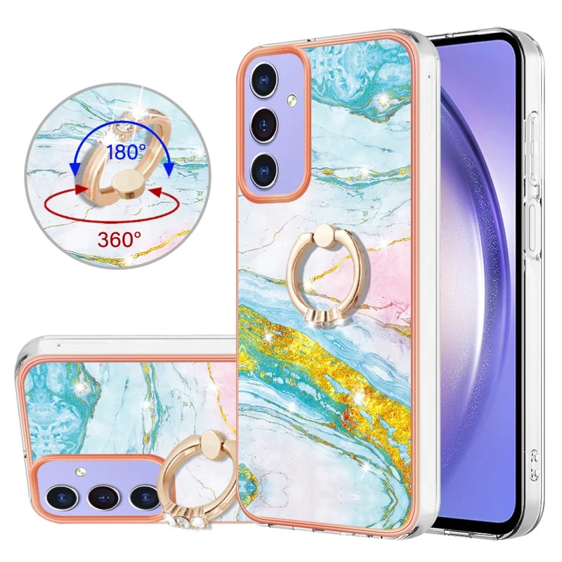 For Samsung Galaxy A15 5G Case with Ring Kickstand Marble Pattern Electroplating TPU Back Cover - Green 004