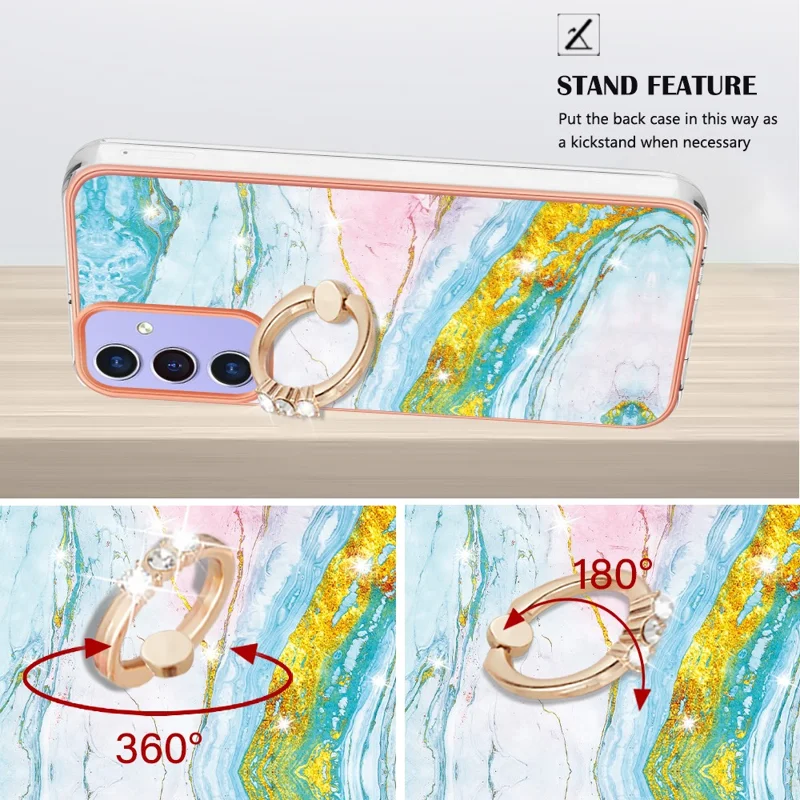 For Samsung Galaxy A15 5G Case with Ring Kickstand Marble Pattern Electroplating TPU Back Cover - Green 004