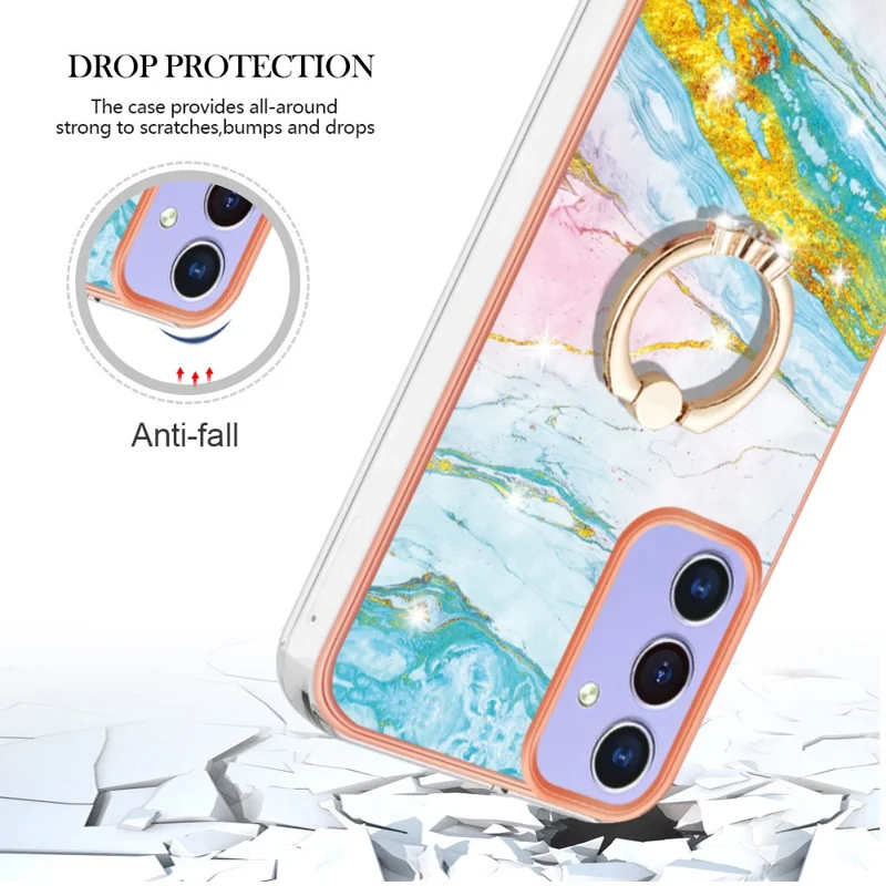 For Samsung Galaxy A15 5G Case with Ring Kickstand Marble Pattern Electroplating TPU Back Cover - Green 004