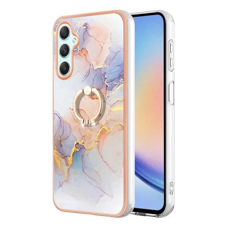 For Samsung Galaxy A25 5G (Global) (161.0 x 76.5 x 8.3mm) TPU Case with Ring Kickstand IMD Marble Pattern TPU Back Cover - Milky Way Marble White